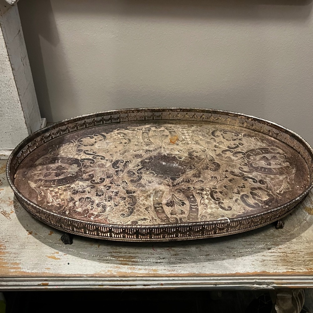 Viners of Sheffield Alpha Plate Chased Silver Gallery Tray England Claw Feet 14"